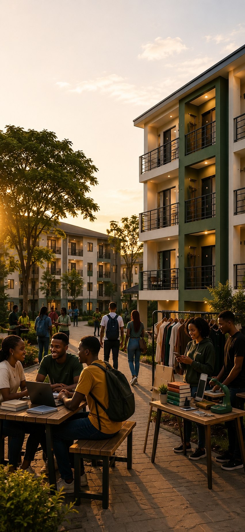 Students outside hostel blocks at sunset